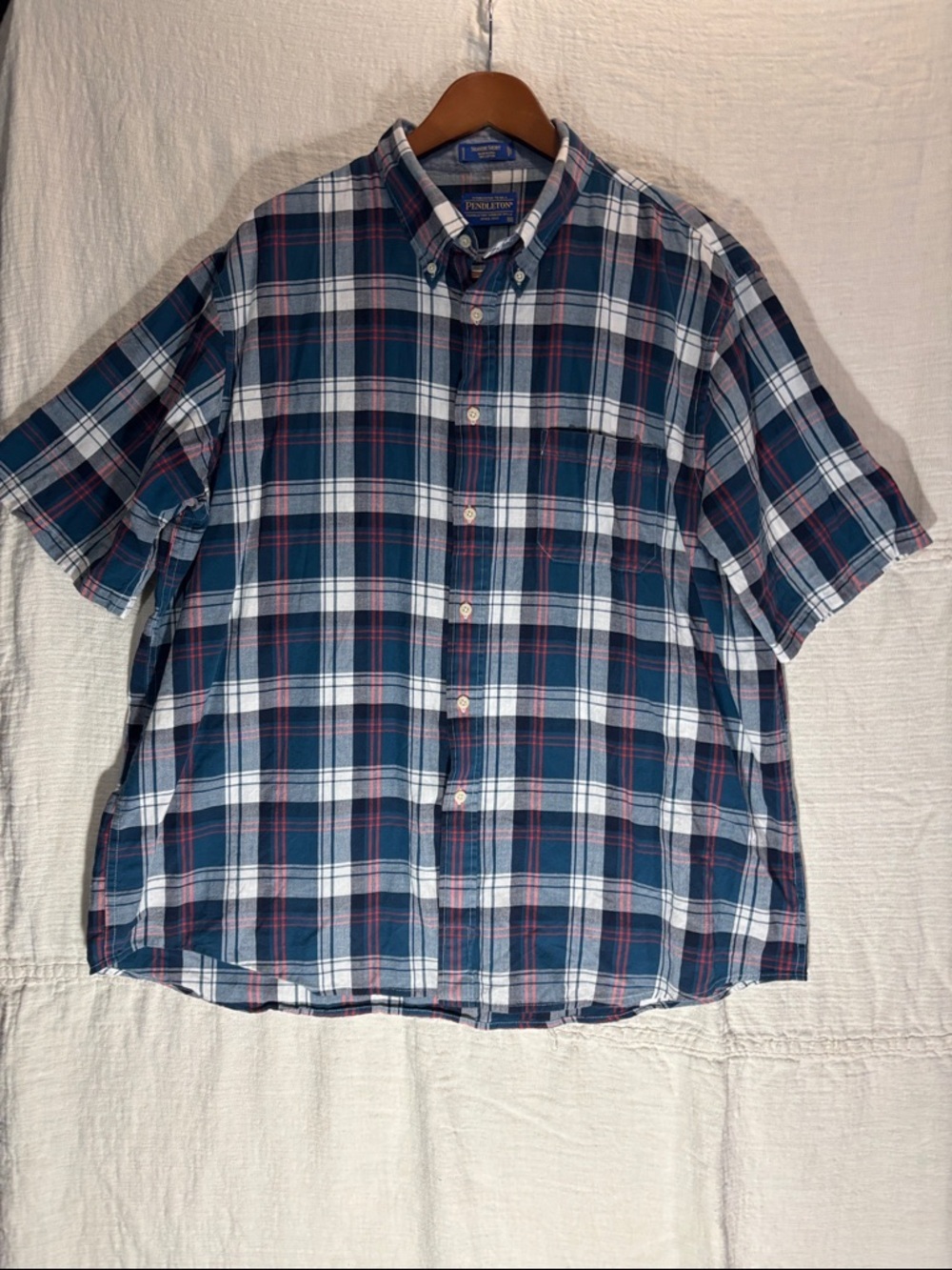Pendleton Navy, White, Red Plaid Short Sleeve Button-Down Shirt Madras Seaside